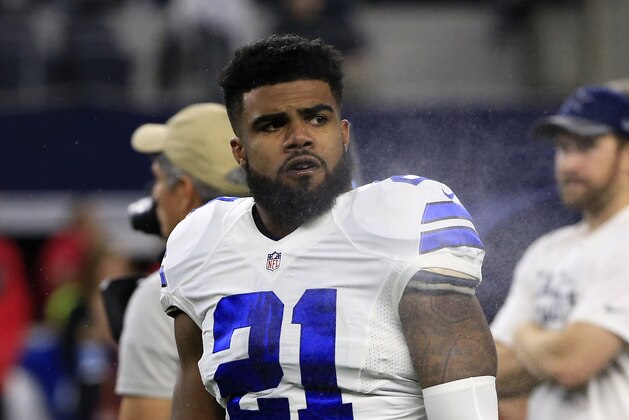 Dallas Cowboys' Ezekiel Elliott stands on the field during warm ups before an NFL football game against the Tampa Bay Buccaneers on Sunday, Dec. 18, 2016, in Arlington, Texas. (AP Photo/Ron Jenkins)