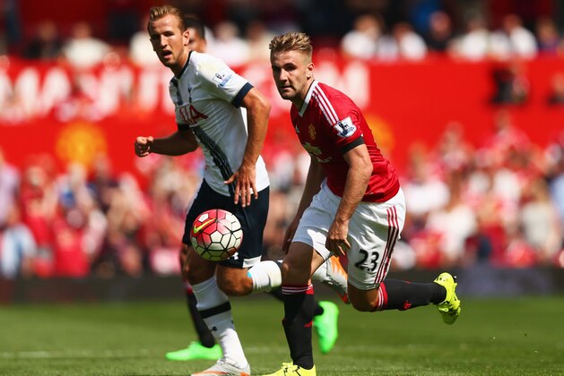 MANCHESTER, ENGLAND - AUGUST 08:  Luke Shaw of Manchester United in action during the Barclays Premier League match between Manchester United and Tottenham Hotspur at Old Trafford on August 8, 2015 in Manchester, England.  (Photo by Clive Brunskill/Getty Images)