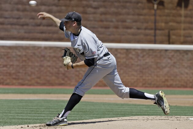 Army's Chris Rowley pitches during an NCAA college baseball tournament regional game in Charlottesville, Va., Friday, May 31, 2013. Virginia defeated Army 2-1. (AP Photo/Steve Helber)