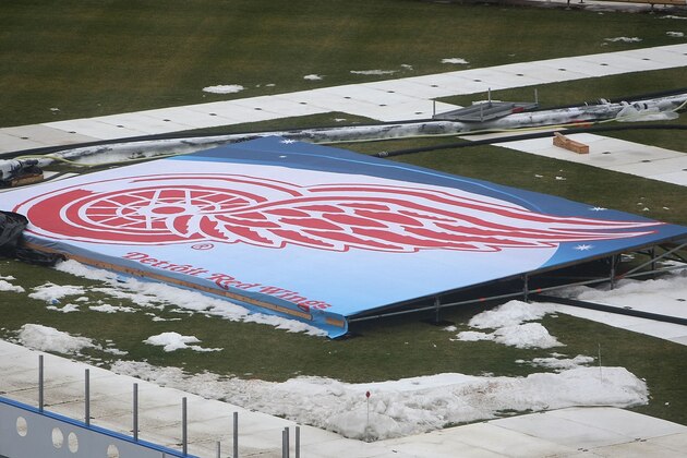 CHICAGO - DECEMBER 27: A Detroit Redwings logo is seen as preparations continue during a media availability for the 2009 NHL Winter Classic on December 27, 2008 at Wrigley Field in Chicago, Illinois. The Winter Classic will feature the Chicago Blackhawks against the Detroit Redwings on January 1, 2009 and will be played on an outdoor ice rink build on Wrigley Field. (Photo by Jonathan Daniel/Getty Images)