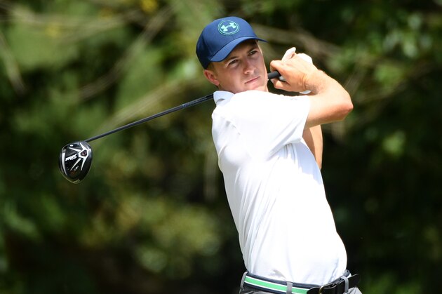 CHARLOTTE, NC - AUGUST 12: Jordan Spieth of the United States plays his shot from the fifth tee during the third round of the 2017 PGA Championship at Quail Hollow Club on August 12, 2017 in Charlotte, North Carolina.  (Photo by Ross Kinnaird/Getty Images)