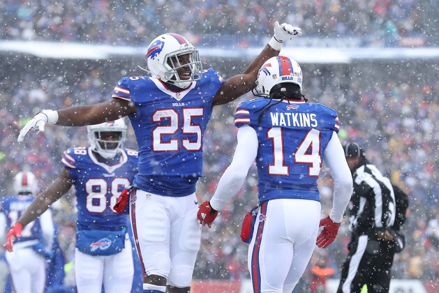 ORCHARD PARK, NY - DECEMBER 11: Sammy Watkins #14 of the Buffalo Bills is congratulated by LeSean McCoy #25 after scoring a touchdown during NFL game action against the Pittsburgh Steelers at New Era Field on December 11, 2016 in Orchard Park, New York. (Photo by Tom Szczerbowski/Getty Images)