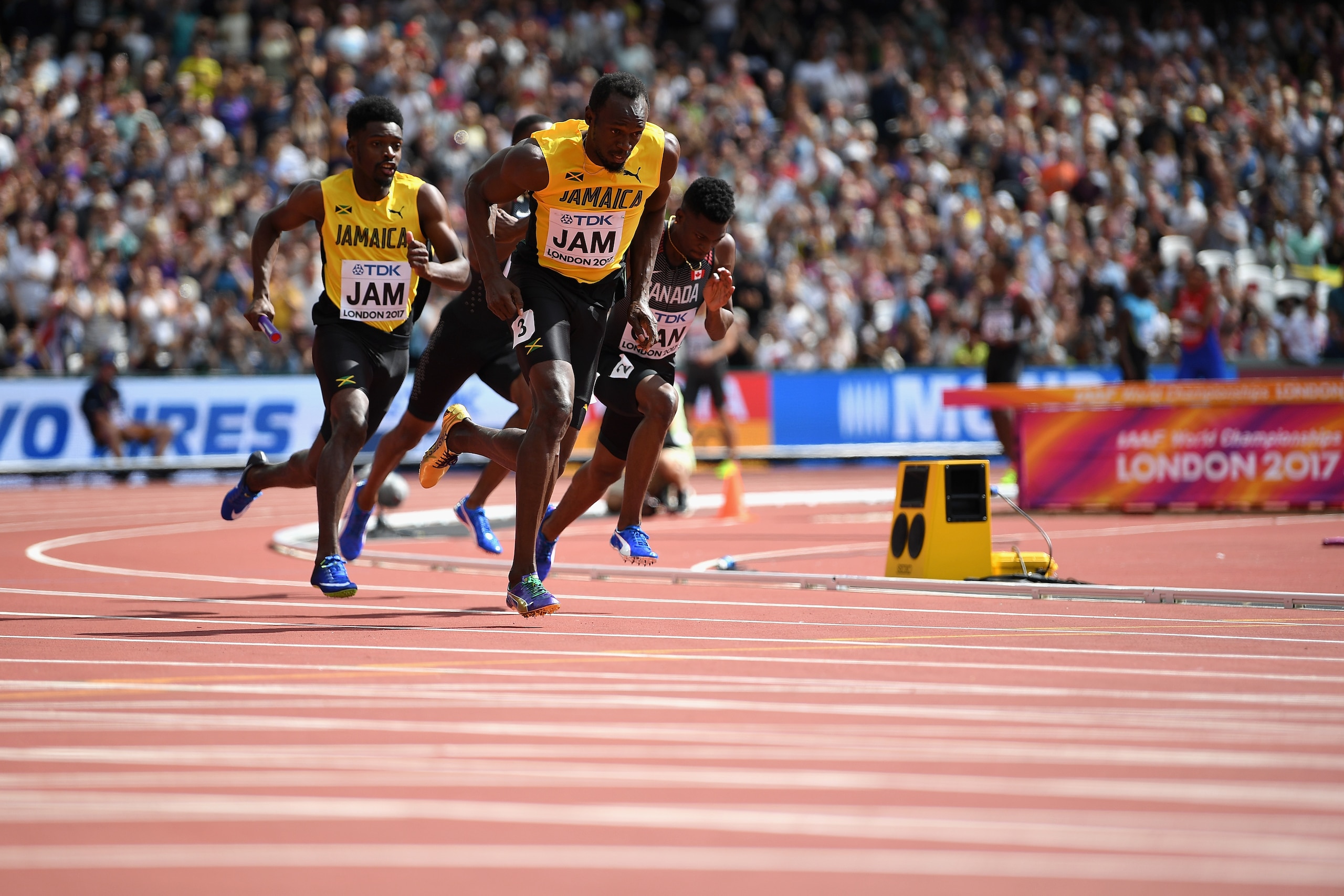 LONDON, ENGLAND - AUGUST 12:  Usain Bolt of Jamaica competes in the Men's 4x100 Metres Relay heats during day nine of the 16th IAAF World Athletics Championships London 2017 at The London Stadium on August 12, 2017 in London, United Kingdom.  (Photo by Matthias Hangst/Getty Images)