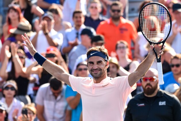 MONTREAL, QC - AUGUST 12:  Roger Federer of Switzerland celebrates his 6-3, 7-6 victory over Robin Haase of Netherlands during day nine of the Rogers Cup presented by National Bank at Uniprix Stadium on August 12, 2017 in Montreal, Quebec, Canada.  (Photo by Minas Panagiotakis/Getty Images)