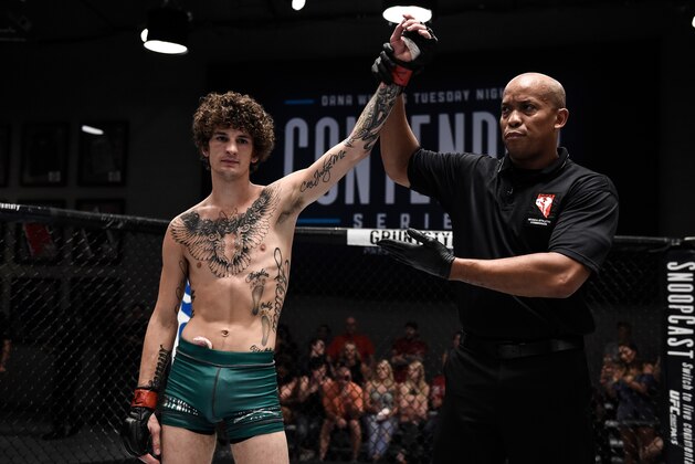LAS VEGAS, NV - JULY 18:  Sean O'Malley celebrates his knockout victory over Alfred Khashakyan in their bantamweight bout during Dana White's Tuesday Night Contender Series at the TUF Gym on July 18, 2017 in Las Vegas, Nevada. (Photo by Brandon Magnus/DWTNCS)