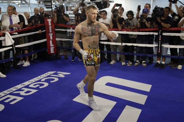 Conor McGregor trains during a media workout Friday, Aug. 11, 2017, in Las Vegas. McGregor is scheduled to fight Floyd Mayweather Jr. in a boxing match Aug. 26 in Las Vegas. (AP Photo/John Locher)