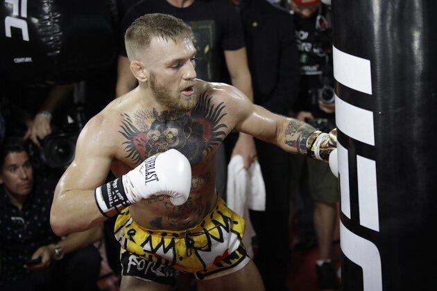 Conor McGregor trains during a media workout Friday, Aug. 11, 2017, in Las Vegas. McGregor is scheduled to fight Floyd Mayweather Jr. in a boxing match Aug. 26 in Las Vegas. (AP Photo/John Locher)
