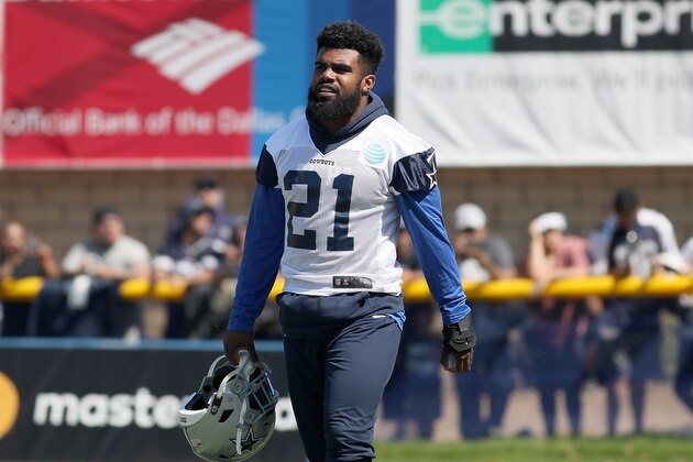 OXNARD, CA - JULY 25:  Ezekiel Elliott #21 of the Dallas Cowboys is seen during afternoon practice on July 25, 2017 in Oxnard, California.  (Photo by Josh Lefkowitz/Getty Images)