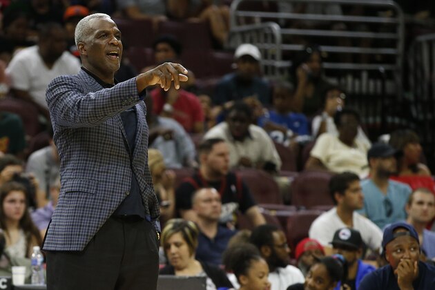 Killer 3's coach Charles Oakley watches the action against 3-Headed Monsters during Game 3 in the BIG3 Basketball League in Philadelphia, Pa., Sunday, July 16, 2017. (AP Photo/Rich Schultz)