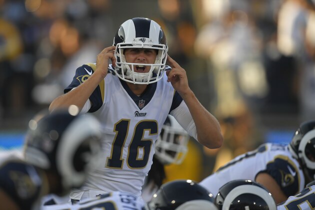 Los Angeles Rams quarterback Jared Goff gestures during the first half of a preseason NFL football game against the Dallas Cowboys Saturday, Aug. 12, 2017, in Los Angeles. (AP Photo/Mark J. Terrill)