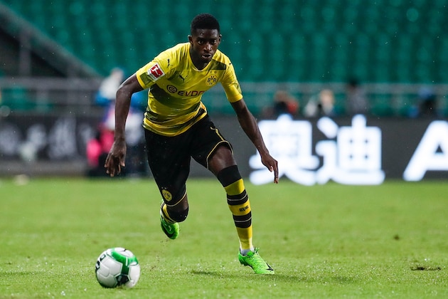 GUANGZHOU, CHINA - JULY 18:  #7 Ousmane Dembele of Borussia Dortmund controls the ball at University Town Sports Centre Stadium during the 2017 International Champions Cup match on July 18, 2017 in Guangzhou, China.  (Photo by Zhizhao Wu/Getty Images)