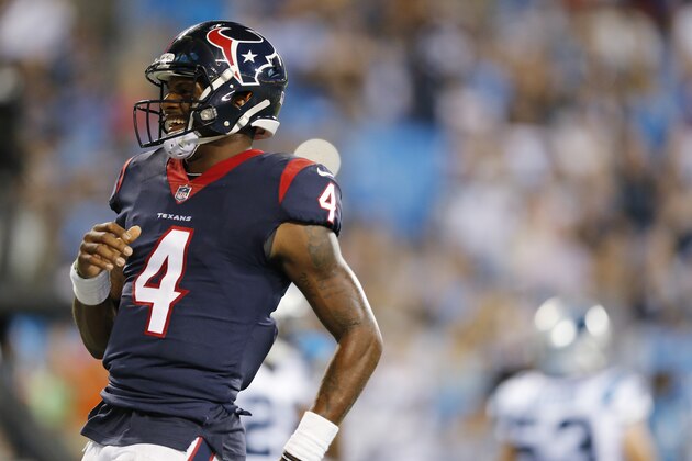 Houston Texans quarterback Deshaun Watson (4) runs into the end zone for a touchdown against the Carolina Panthers during the second half of an NFL preseason football game, Wednesday, Aug. 9, 2017, in Charlotte, N.C. (AP Photo/Jason E. Miczek)