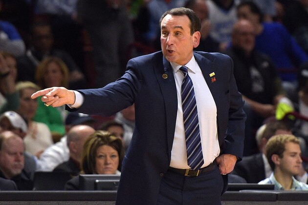 GREENVILLE, SC - MARCH 17: Head coach Mike Krzyzewski of the Duke Blue Devils directs his team against the Troy Trojans during the first round of the 2017 NCAA Men's Basketball Tournament at Bon Secours Wellness Arena on March 17, 2017 in Greenville, South Carolina. (Photo by Lance King/Getty Images)