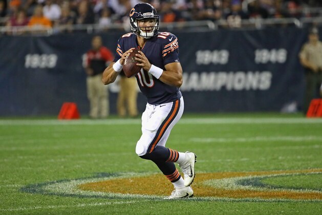 CHICAGO, IL - AUGUST 10:  Mitchell Trubisky #10 of the Chicago Bears looks for a receiver against the Denver Broncos during a preseason game at Soldier Field on August 10, 2017 in Chicago, Illinois. The Broncos defeated the Bears 24-17.  (Photo by Jonathan Daniel/Getty Images)