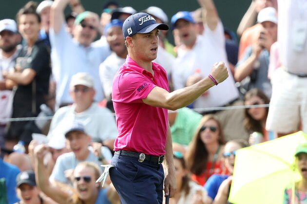 CHARLOTTE, NC - AUGUST 13:  Justin Thomas of the United States reacts to his birdie putt on the 13th green  during the final round of the 2017 PGA Championship at Quail Hollow Club on August 13, 2017 in Charlotte, North Carolina.  (Photo by Sam Greenwood/Getty Images)