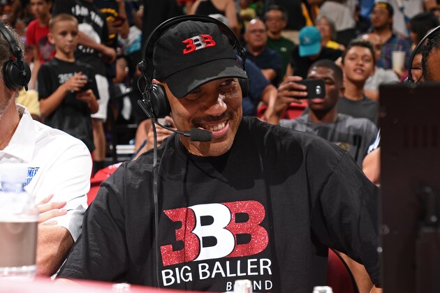 LAS VEGAS, NV - JULY 7:  Lavar Ball talks during halftime when the Los Angeles Lakers played the Los Angeles Clippers on July 7, 2017 at the Thomas & Mack Center in Las Vegas, Nevada. NOTE TO USER: User expressly acknowledges and agrees that, by downloading and/or using this Photograph, user is consenting to the terms and conditions of the Getty Images License Agreement. Mandatory Copyright Notice: Copyright 2017 NBAE (Photo by Garrett Ellwood/NBAE via Getty Images)