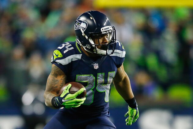 SEATTLE, WA - JANUARY 07:  Thomas Rawls #34 of the Seattle Seahawks carries the ball during the second half against the Detroit Lions in the NFC Wild Card game at CenturyLink Field on January 7, 2017 in Seattle, Washington.  (Photo by Jonathan Ferrey/Getty Images)