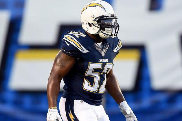 SAN DIEGO, CA - AUGUST 13:  Denzel Perryman #52 of the San Diego Chargers lines up against the Dallas Cowboys at Qualcomm Stadium on August 13, 2015 in San Diego, California.  (Photo by Harry How/Getty Images)