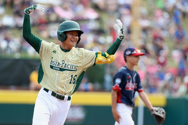 SOUTH WILLIAMSPORT, PA - AUGUST 28: Yoomin Lee #16 of the Asia-Pacific team from South Korea celebrates after hitting a solo home run in the fifth inning against the Mid-Atlantic Team from New York during the Little League World Series Championship Game at Lamade Stadium on August 28, 2016 in South Williamsport, Pennsylvania. (Photo by Rob Carr/Getty Images) SOUTH WILLIAMSPORT, PA - AUGUST 28: Yoomin Lee #16 of the Asia-Pacific team from South Korea celebrates after hitting a solo home run in the fifth inning against the Mid-Atlantic Team from New York during the Little League World Series Championship Game at Lamade Stadium on August 28, 2016 in South Williamsport, Pennsylvania. (Photo by Rob Carr/Getty Images)