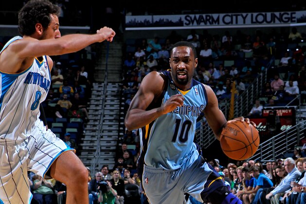 NEW ORLEANS, LA - APRIL 15: Gilbert Arenas #10 of the Memphis Grizzlies drives against Marco Belinelli #8 of the New Orleans Hornets on April 15, 2012 at the New Orleans Arena in New Orleans, Louisiana. NOTE TO USER: User expressly acknowledges and agrees that, by downloading and or using this Photograph, user is consenting to the terms and conditions of the Getty Images License Agreement. Mandatory Copyright Notice: Copyright 2012 NBAE (Photo by Layne Murdoch/NBAE via Getty Images) NEW ORLEANS, LA - APRIL 15: Gilbert Arenas #10 of the Memphis Grizzlies drives against Marco Belinelli #8 of the New Orleans Hornets on April 15, 2012 at the New Orleans Arena in New Orleans, Louisiana. NOTE TO USER: User expressly acknowledges and agrees that, by downloading and or using this Photograph, user is consenting to the terms and conditions of the Getty Images License Agreement. Mandatory Copyright Notice: Copyright 2012 NBAE (Photo by Layne Murdoch/NBAE via Getty Images)