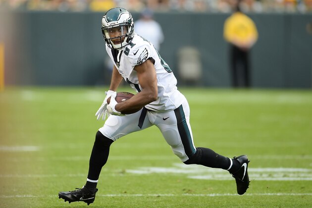 GREEN BAY, WI - AUGUST 10:  Jordan Matthews #81 of the Philadelphia Eagles runs for yards during a preseason game against the Green Bay Packers at Lambeau Field on August 10, 2017 in Green Bay, Wisconsin.  The Packers defeated the Eagles 24-9.  (Photo by Stacy Revere/Getty Images)