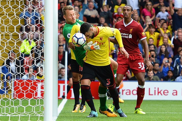 WATFORD, ENGLAND - AUGUST 12:  Miguel Britos of Watford heads the ball to score their third goal during the Premier League match between Watford and Liverpool at Vicarage Road on August 12, 2017 in Watford, England.  (Photo by Tony Marshall/Getty Images)