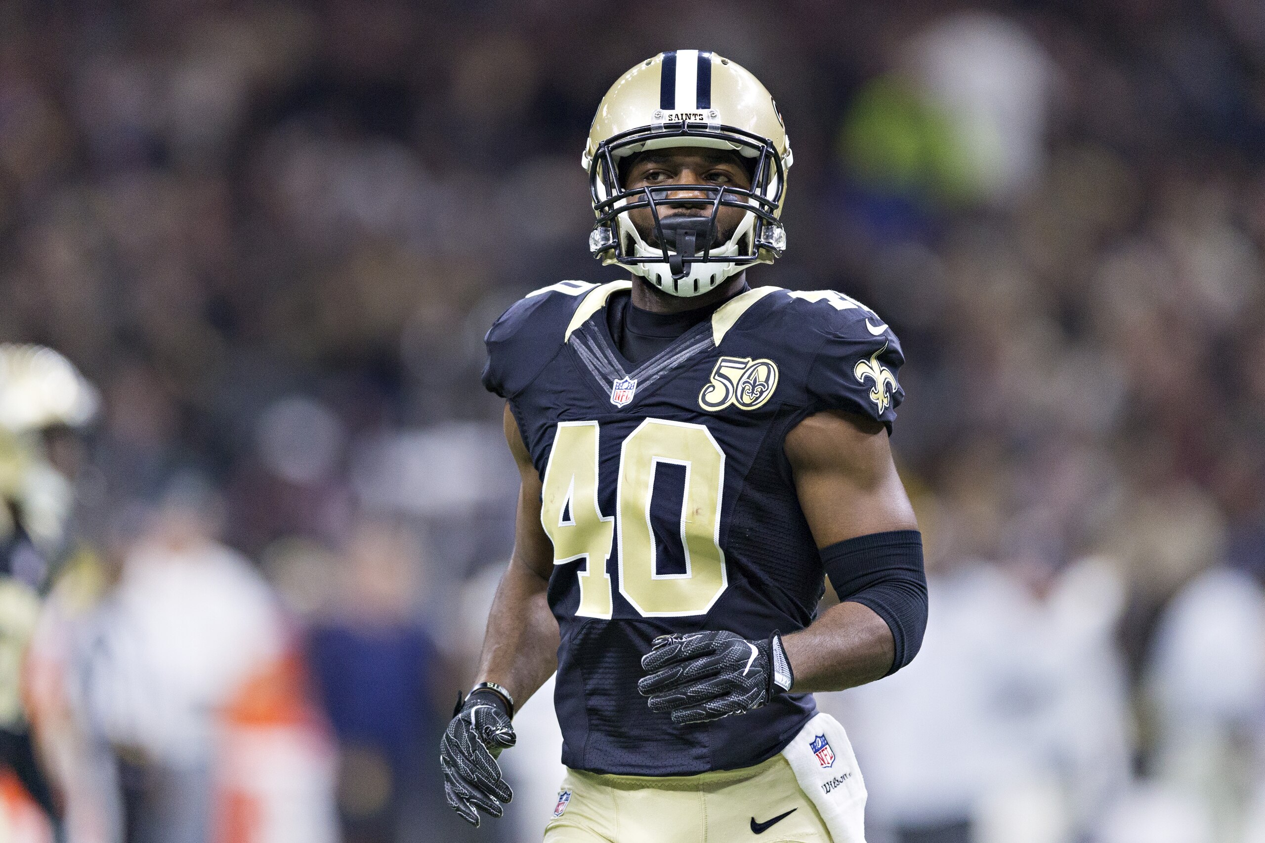 NEW ORLEANS, LA - NOVEMBER 27: Delvin Breaux #40 of the New Orleans Saints jogs off the field during a game against the Los Angeles Rams at Mercedes-Benz Superdome on November 27, 2016 in New Orleans, Louisiana. The Saints defeated the Rams 49-21. (Photo by Wesley Hitt/Getty Images) NEW ORLEANS, LA - NOVEMBER 27: Delvin Breaux #40 of the New Orleans Saints jogs off the field during a game against the Los Angeles Rams at Mercedes-Benz Superdome on November 27, 2016 in New Orleans, Louisiana. The Saints defeated the Rams 49-21. (Photo by Wesley Hitt/Getty Images)