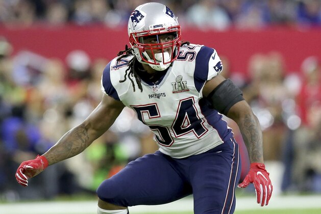 FILE - In this Feb. 5, 2017, file photo, New England Patriots Dont'a Hightower folllows the action during NFL football's Super Bowl 51 against the Atlanta Falcons in Houston. The draft remains the most significant means by which to build and fortify a franchise. Yet, as the salary cap increases exponentially each year under the 10-year labor agreement reached in 2011, the lure of veterans on the open market can be powerful. (AP Photo/Gregory Payan, File)