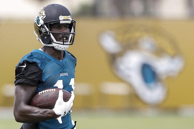 JACKSONVILLE, FL - JULY 27: Wide Receiver  Marqise Lee #11 of the Jacksonville Jaguars works out during Training Camp at Florida Blue Health and Wellness Practice Fields on July 27, 2017 in Jacksonville, Florida. (Photo by Don Juan Moore/Getty Images)