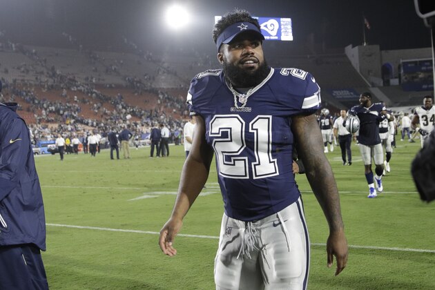 Dallas Cowboys running back Ezekiel Elliott leaves the field after a preseason NFL football game against the Los Angeles Rams Saturday, Aug. 12, 2017, in Los Angeles. (AP Photo/Jae C. Hong)
