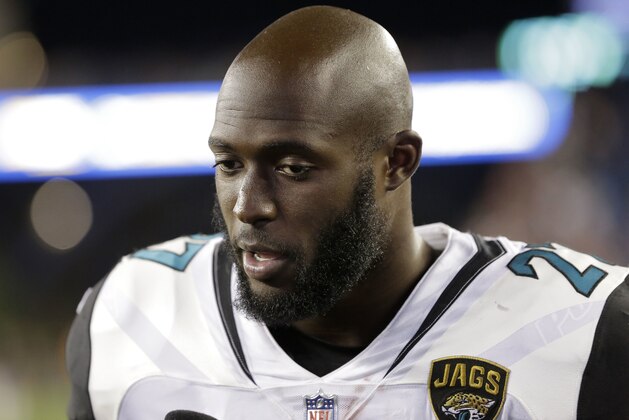 Jacksonville Jaguars running back Leonard Fournette speaks to the media following an NFL preseason football game, Thursday, Aug. 10, 2017, in Foxborough, Mass. (AP Photo/Steven Senne)