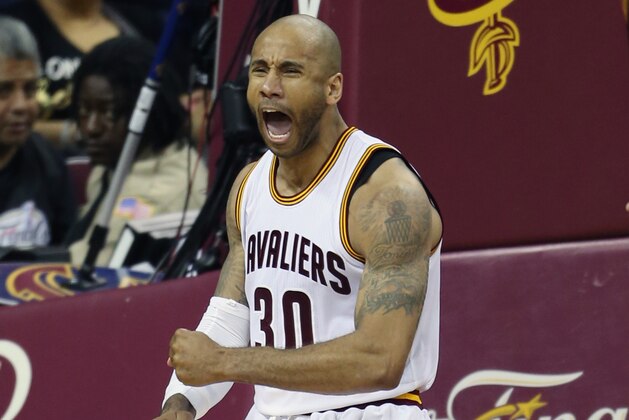 Cleveland Cavaliers guard Dahntay Jones (30) against the Golden State Warriors during the first half of Game 6 of basketball's NBA Finals in Cleveland, Thursday, June 16, 2016. (AP Photo/Ron Schwane)