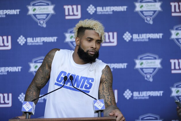New York Giants' Odell Beckham, Jr. talks to reporters after a NFL football practice in East Rutherford, N.J., Tuesday, June 13, 2017. (AP Photo/Seth Wenig)