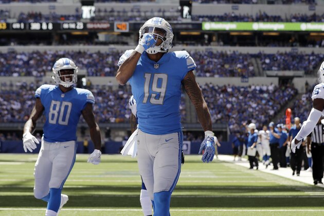 Detroit Lions wide receiver Kenny Golladay (19) celebrates after catching a 23-yard pass for a touchdown against the Indianapolis Colts during the first half of an NFL preseason football game Sunday, Aug. 13, 2017, in Indianapolis. (AP Photo/Darron Cummings)