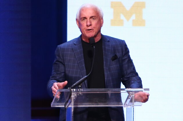 ANN ARBOR, MI - FEBRUARY  3:  Pro wrestling legend Ric Flair speaks during the Michigan Signing of the Stars event at Hill Auditorium on February 3, 2016 in Ann Arbor, Michigan. (Photo by Rey Del Rio/Getty Images)
