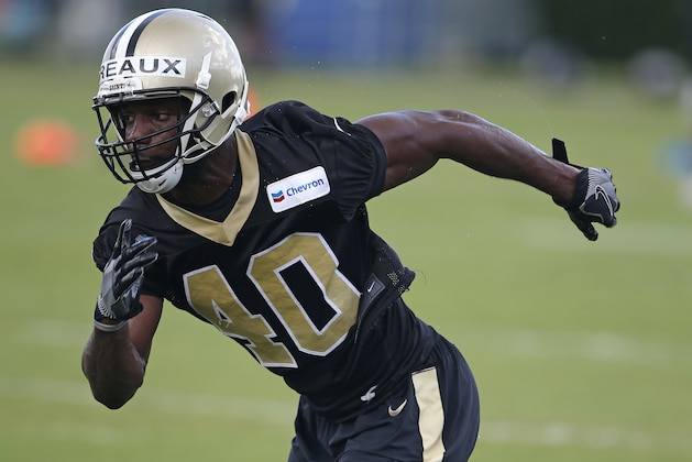 New Orleans Saints cornerback Delvin Breaux (40) goes through drills during NFL football practice in Metairie, La., Thursday, June 15, 2017. (AP Photo/Gerald Herbert)