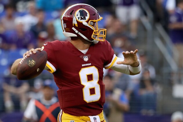BALTIMORE, MD - AUGUST 10:  Quarterback Kirk Cousins #8 of the Washington Redskins looks to pass against the Baltimore Ravens during the first half of a preseason game at M&T Bank Stadium on August 10, 2017 in Baltimore, Maryland.  (Photo by Rob Carr/Getty Images)