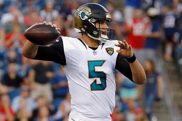 FOXBORO, MA - AUGUST 10: Blake Bortles #5 of the Jacksonville Jaguars throws against the New England Patriots in the first half of a preseason game at Gillette Stadium on August 10, 2017 in Foxboro, Massachusetts. (Photo by Jim Rogash/Getty Images)