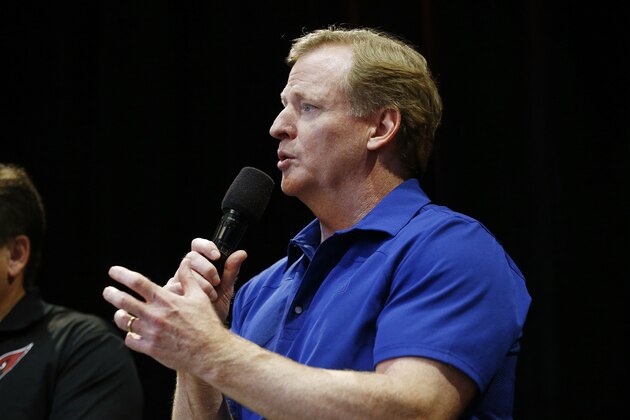 NFL football Commissioner Roger Goodell talks with Arizona Cardinals season ticket holders at University of Phoenix Stadium, Monday, Aug. 14, 2017, in Glendale, Ariz. (AP Photo/Ross D. Franklin)