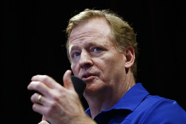 NFL Commissioner Roger Goodell talks with Arizona Cardinals football team season ticket holders at University of Phoenix Stadium, Monday, Aug. 14, 2017, in Glendale, Ariz. (AP Photo/Ross D. Franklin)