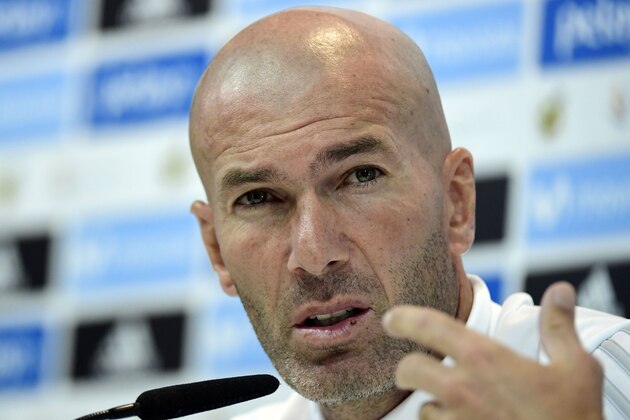 Real Madrid's French coach Zinedine Zidane speaks during a press conference at Real Madrid sports city in Madrid on August 15, 2017, on the eve of the Spanish SuperCup second leg football match Real Madrid CF vs FC Barcelona. / AFP PHOTO / JAVIER SORIANO        (Photo credit should read JAVIER SORIANO/AFP/Getty Images)