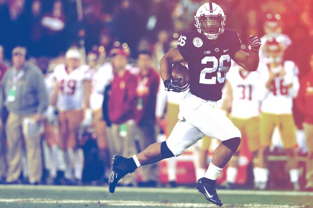 PASADENA, CA - JANUARY 02:  Running back Saquon Barkley #26 of the Penn State Nittany Lions celebrates after making a 7-yard touchdown reception in the third quarter against the USC Trojans during the 2017 Rose Bowl Game presented by Northwestern Mutual at the Rose Bowl on January 2, 2017 in Pasadena, California.  (Photo by Sean M. Haffey/Getty Images)