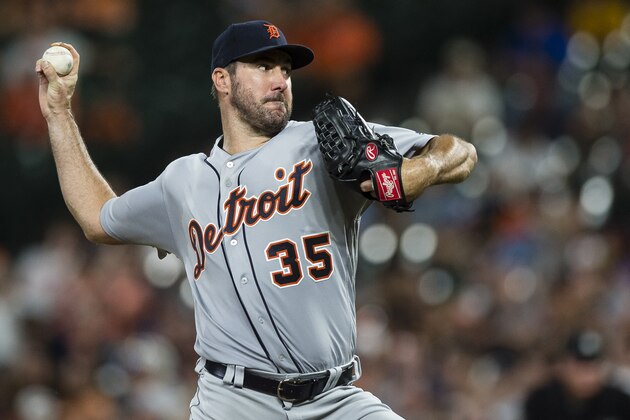 BALTIMORE, MD - AUGUST 04: Starting pitcher Justin Verlander #35 of the Detroit Tigers throws a pitch to a Baltimore Orioles batter in the seventh inning during a game at Oriole Park at Camden Yards on August 4, 2017 in Baltimore, Maryland. (Photo by Patrick McDermott/Getty Images)