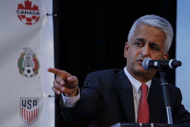 Sunil Gulati President of United States Soccer Federation speaks during a press conference after announcing the next soccer 2026 World Cup in North America on April 10, 2017 at the One World Trade Center in New York.
The United States, Mexico and Canada announced a joint bid to stage the 2026 World Cup on Monday, aiming to become the first three-way co-hosts in the history of FIFA's showpiece tournament.  / AFP PHOTO / KENA BETANCUR        (Photo credit should read KENA BETANCUR/AFP/Getty Images)