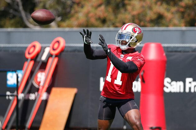 Jul 28, 2017; Santa Clara, CA, USA; San Francisco 49ers wide receiver Marquise Goodwin (11) catches the football during the San Francisco 49ers training camp at Levi   s Stadium. Mandatory Credit: Stan Szeto-USA TODAY Sports