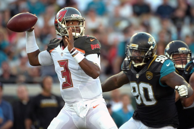 FILE - In this Aug. 20, 2016, file photo, Tampa Bay Buccaneers quarterback Jameis Winston (3) throws a pass as he is pressured by Jacksonville Jaguars defensive tackle Malik Jackson (90) during the first half of an NFL preseason football game in Jacksonville, Fla. The Falcons were 6-1 before their season began to unravel when another rookie, Winston, led the Tampa Bay Buccaneers to a 23-20 overtime win in Atlanta. (AP Photo/Phelan M. Ebenhack, File)
