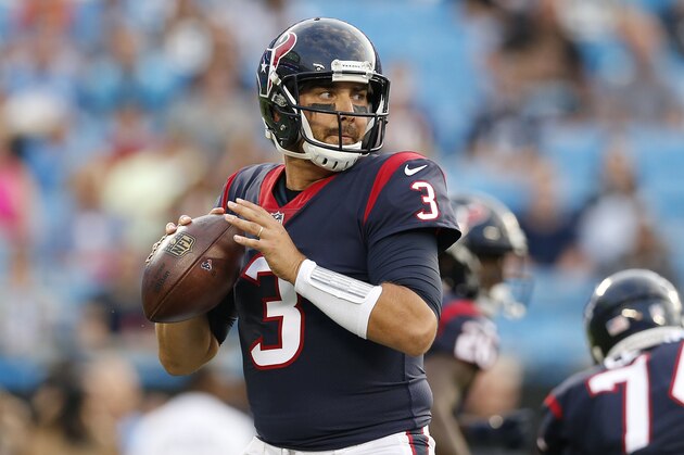 Houston Texans quarterback Tom Savage (3) works in the pocket against the Carolina Panthers during the first half of an NFL preseason football game, Wednesday, Aug. 9, 2017, in Charlotte, N.C. (AP Photo/Jason E. Miczek)