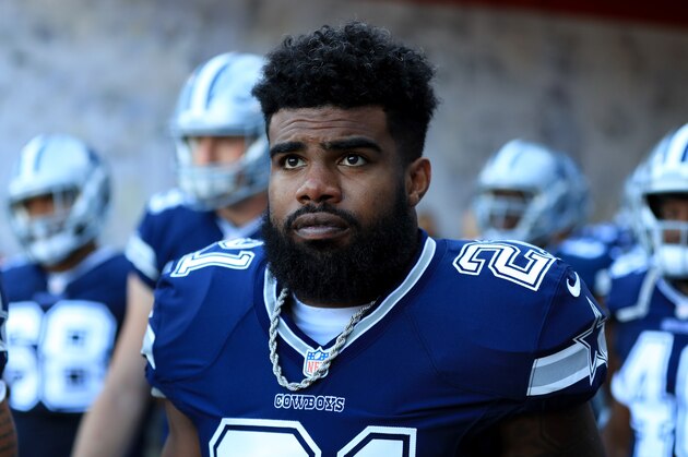 LOS ANGELES, CA - AUGUST 12:  Ezekiel Elliott #21 of the Dallas Cowboys looks on prior to a a presason game against the Los Angeles Rams  at Los Angeles Memorial Coliseum on August 12, 2017 in Los Angeles, California.  (Photo by Sean M. Haffey/Getty Images)
