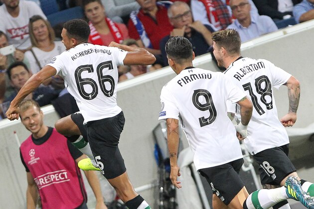 Liverpool's English midfielder Trent Alexander-Arnold celebrates scoring the 1-0 during the Champions League football qualifier match TSG 1899 Hoffenheim vs Liverpool FC in Sinsheim, Germany, on August 15, 2017. / AFP PHOTO / Daniel ROLAND        (Photo credit should read DANIEL ROLAND/AFP/Getty Images)