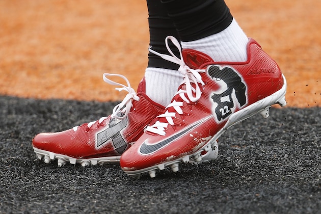 Cincinnati Bengals running back Rex Burkhead wears his custom cleats to support the Team Jack Foundation for the cause of pediatric brain cancer during practice before an NFL football game against the Philadelphia Eagles, Sunday, Dec. 4, 2016, in Cincinnati. (AP Photo/Gary Landers)